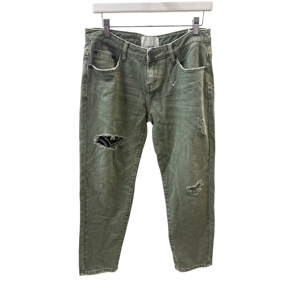One Teaspoon Sz 26 Green Straight Leg Low Rise Distressed Boyfriend Jeans